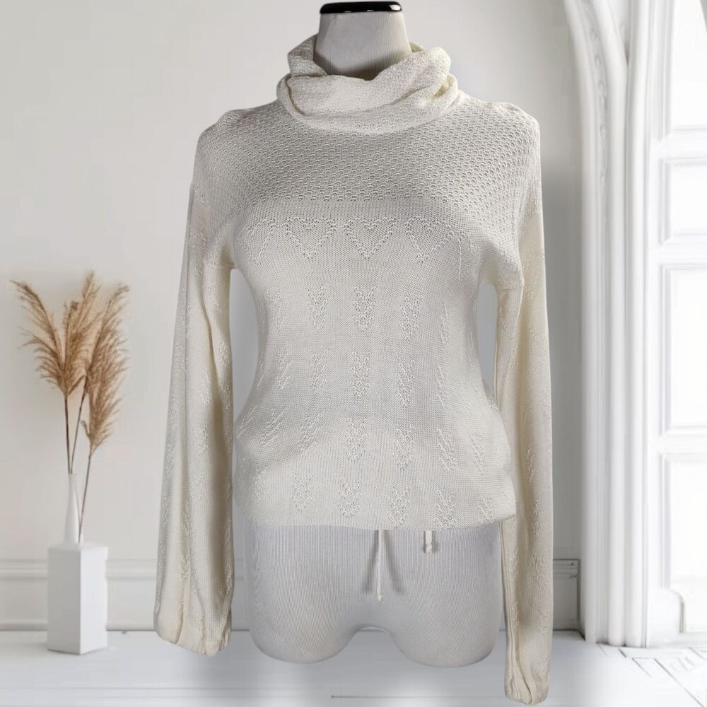 Vintage 70s Novelty Heart Knit Turtleneck Top Size S White Acrylic Drawstring